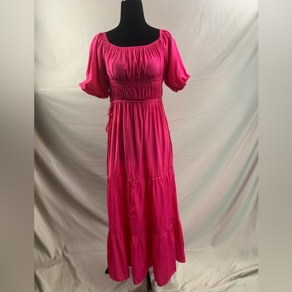 Boho Off Shoulder Puff Sleeve Layered Hem Belted Dress - Picture 6 of 6